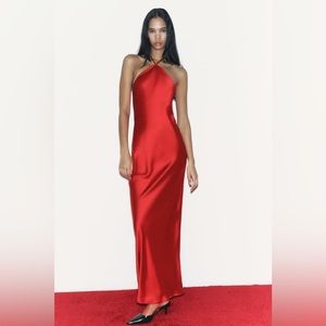 Zara Red Satin Effect Halter Slip Dress